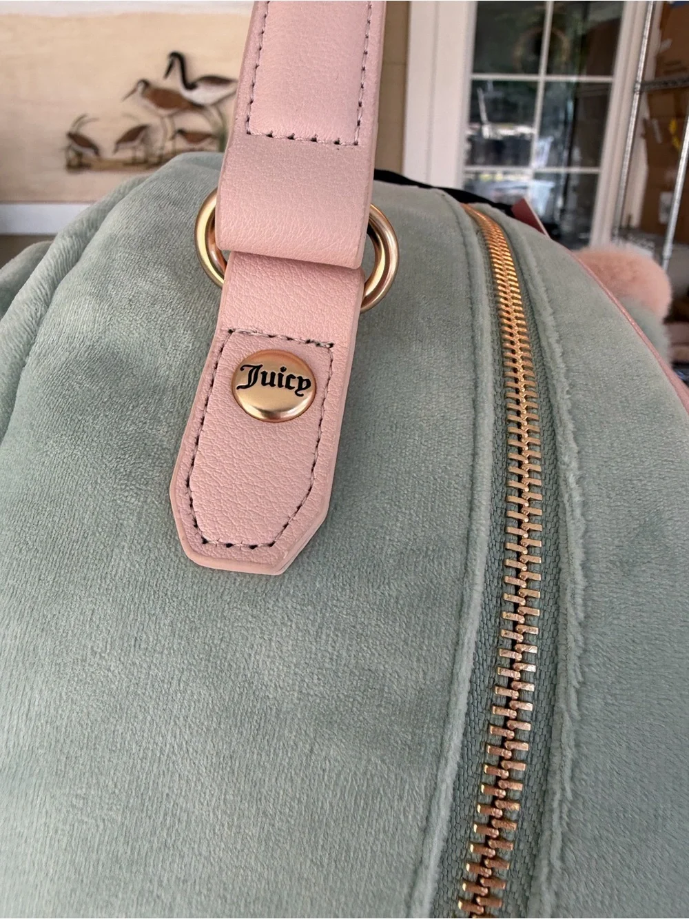 Juicy Couture Mint Green Velvet Backpack with Pink Trim & Pom Pouch